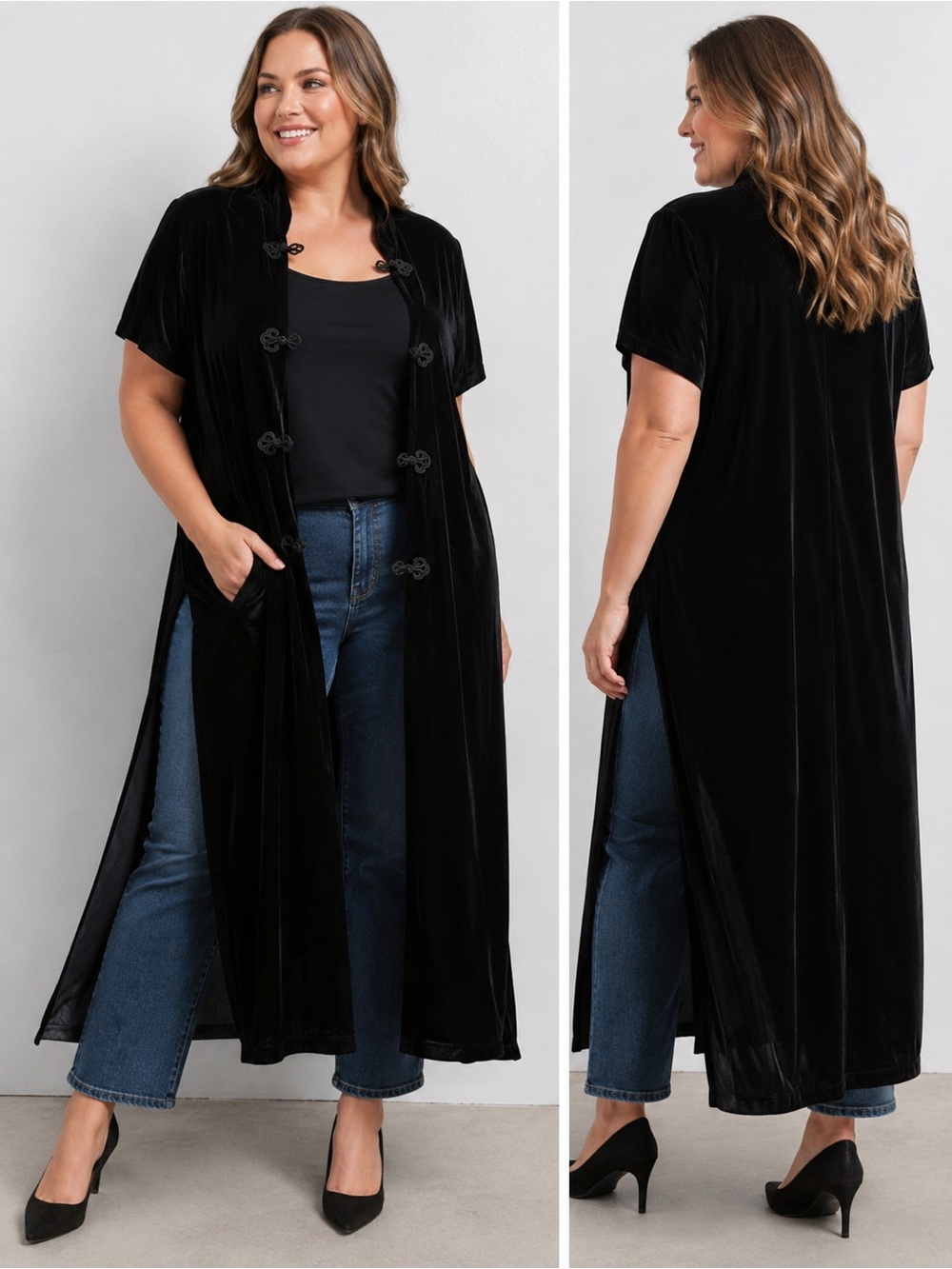 dressbarn Plus Size Black Velvet Long Duster Robe 16